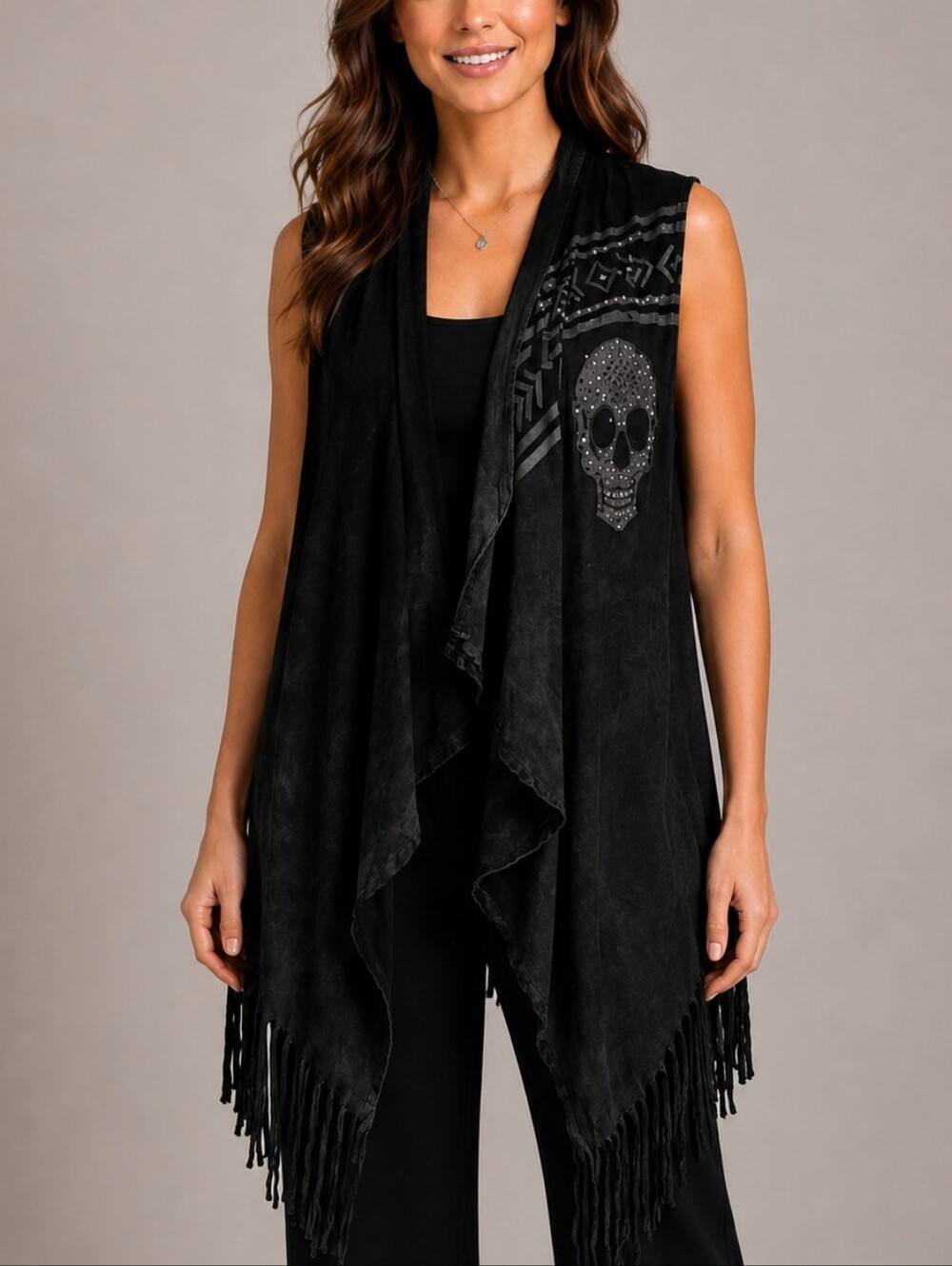 VOCAL Black Fringe Assymetric Bedazzled Skull Stone Wash Goth Grunge Kimono